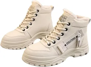 Women's Chunky White Sneakers  Korean Style Winter Boots with Waterproof Artificial Leather and Fleece Lining