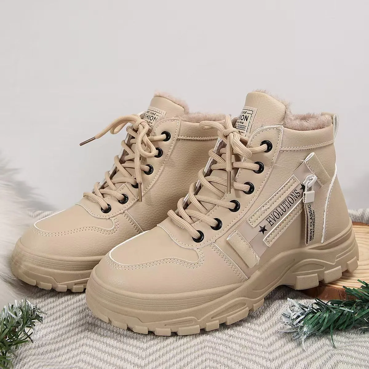 Women's Chunky White Sneakers  Korean Style Winter Boots with Waterproof Artificial Leather and Fleece Lining