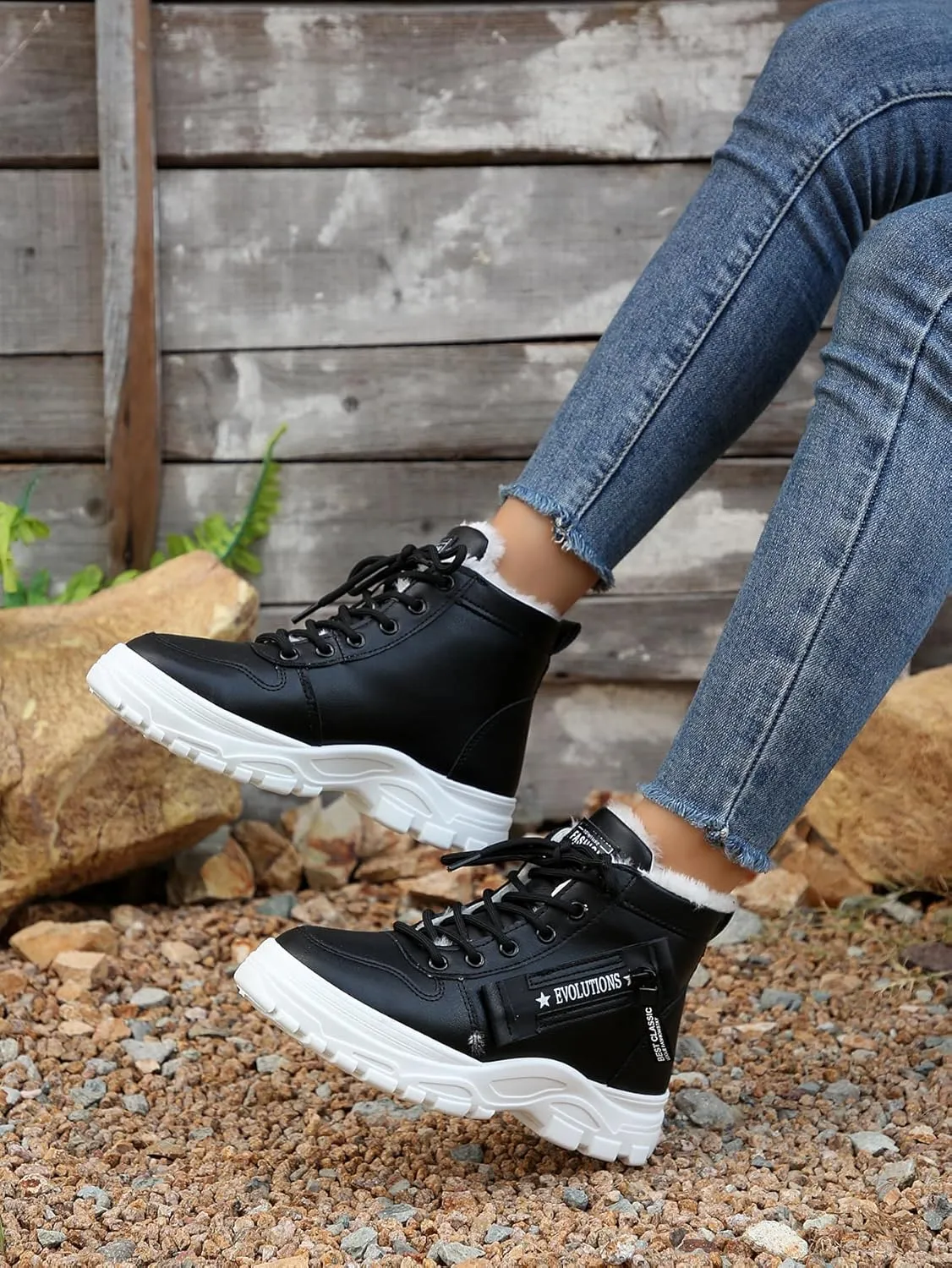 Women's Chunky White Sneakers  Korean Style Winter Boots with Waterproof Artificial Leather and Fleece Lining