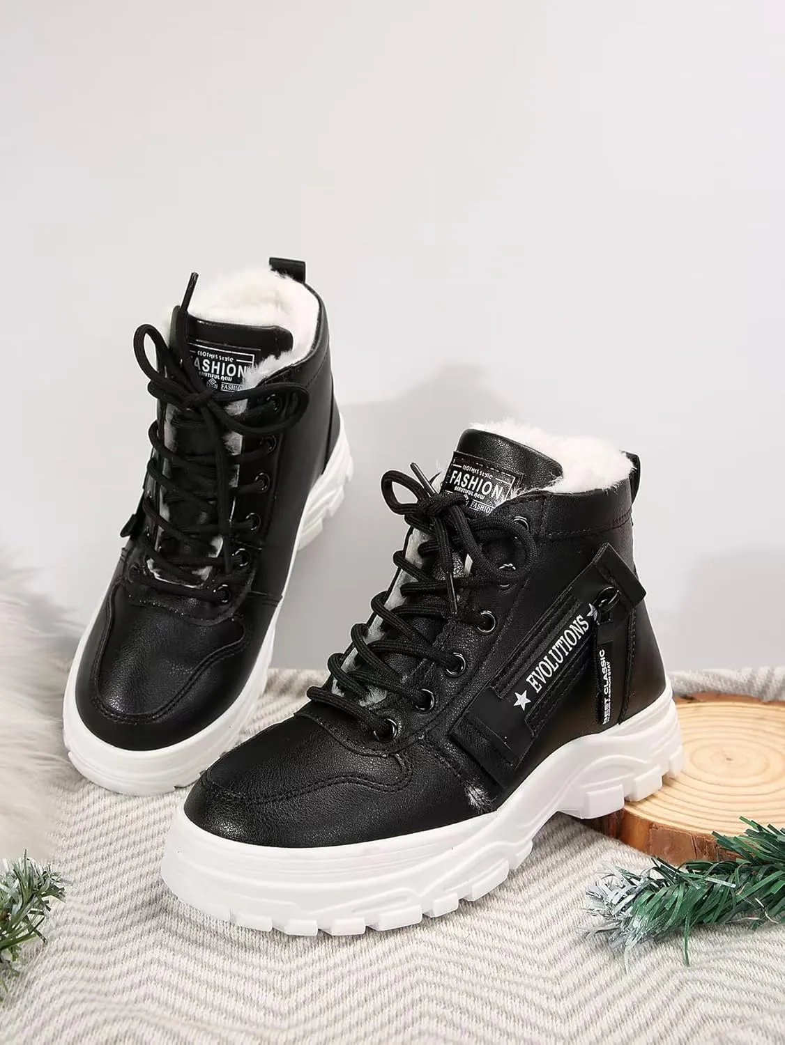 Women's Chunky White Sneakers  Korean Style Winter Boots with Waterproof Artificial Leather and Fleece Lining