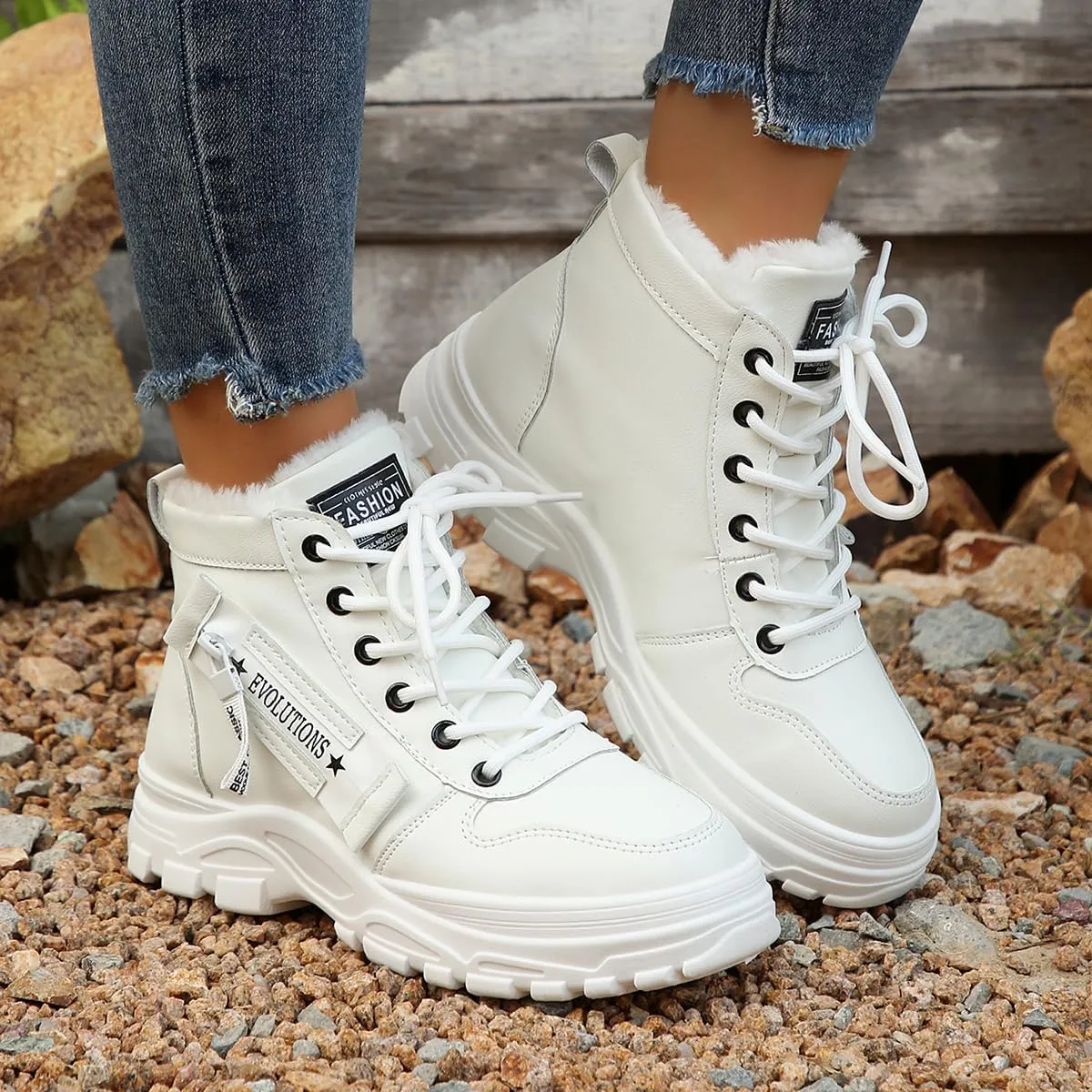 Women's Chunky White Sneakers  Korean Style Winter Boots with Waterproof Artificial Leather and Fleece Lining