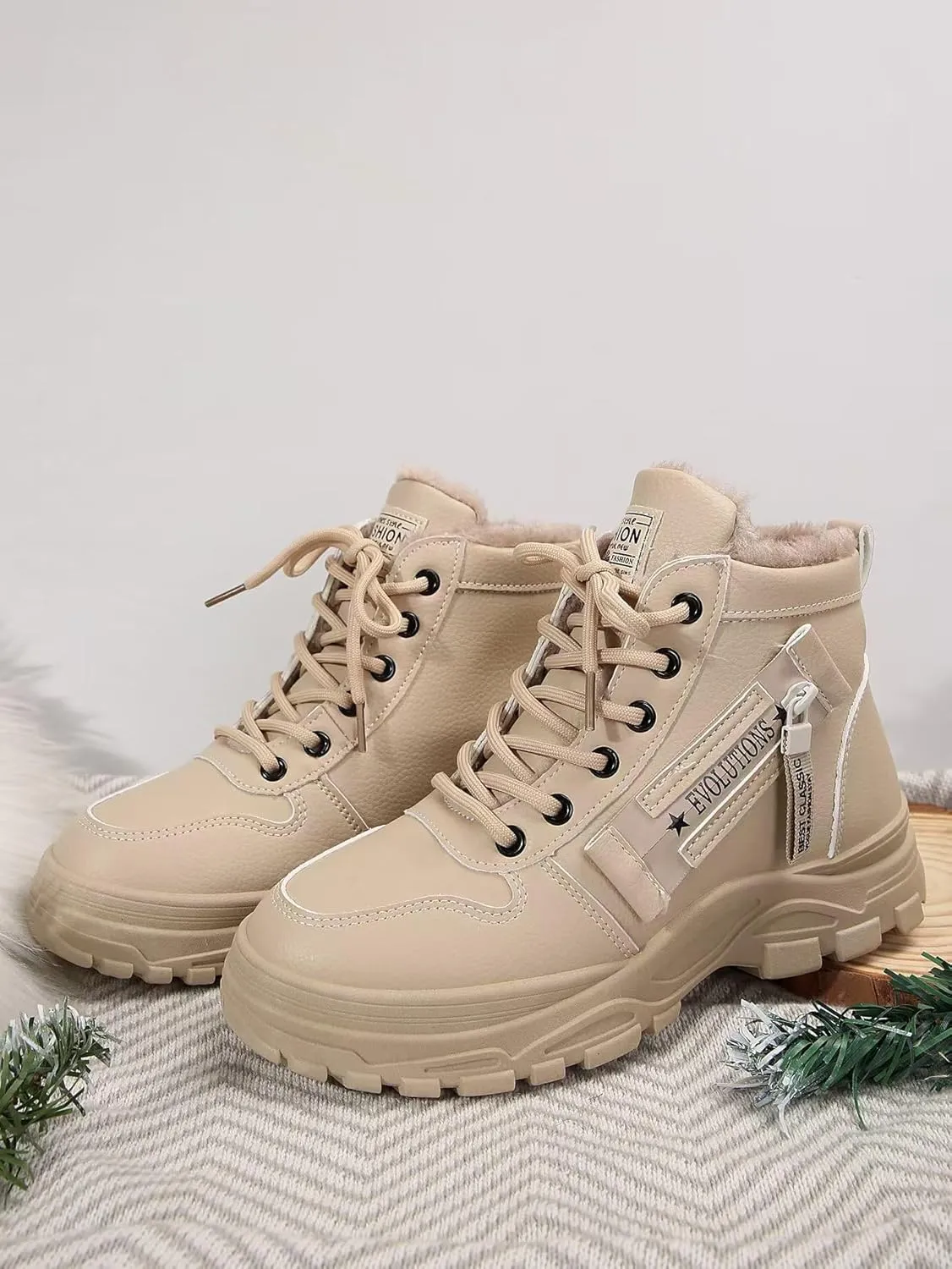 Women's Chunky White Sneakers  Korean Style Winter Boots with Waterproof Artificial Leather and Fleece Lining