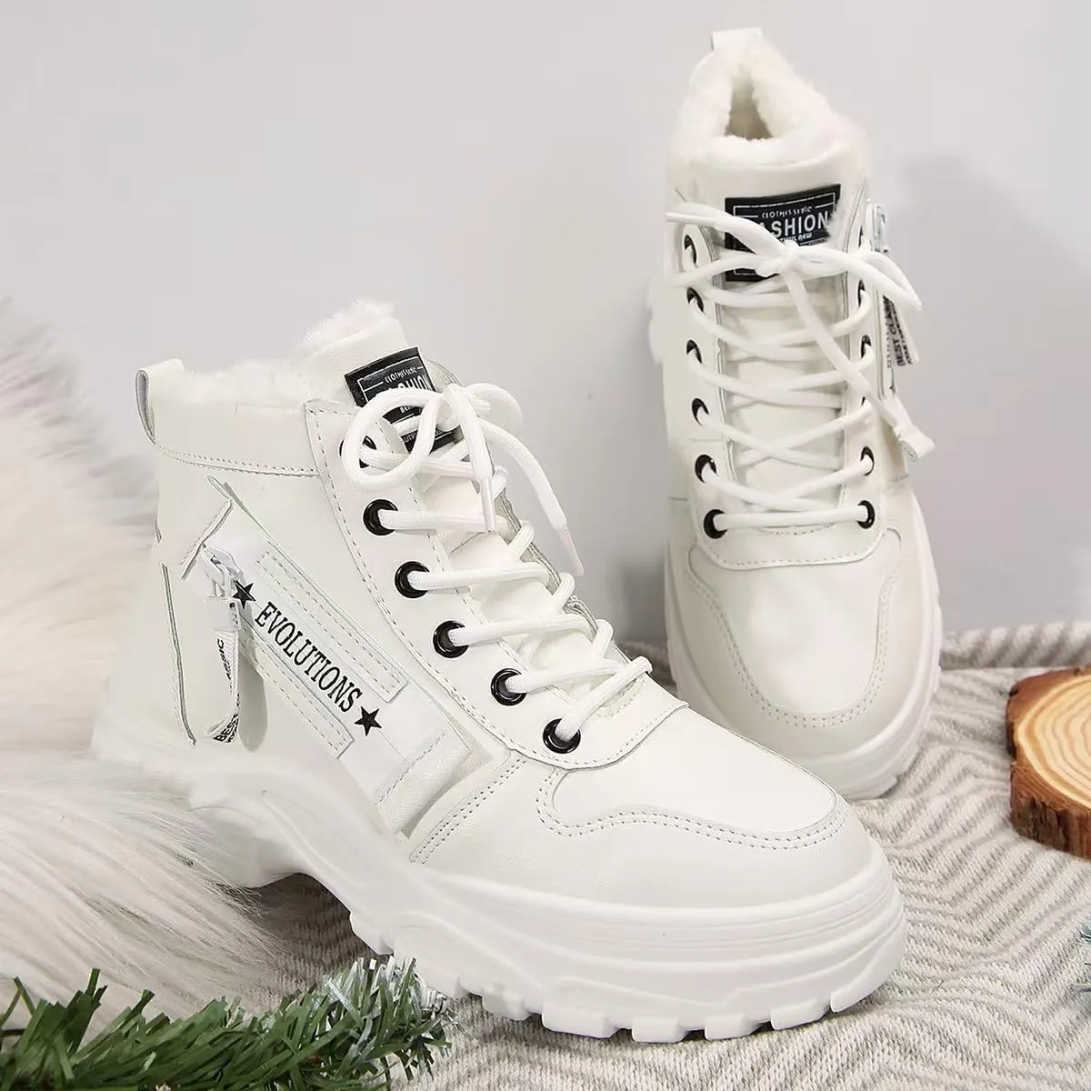 Women's Chunky White Sneakers  Korean Style Winter Boots with Waterproof Artificial Leather and Fleece Lining