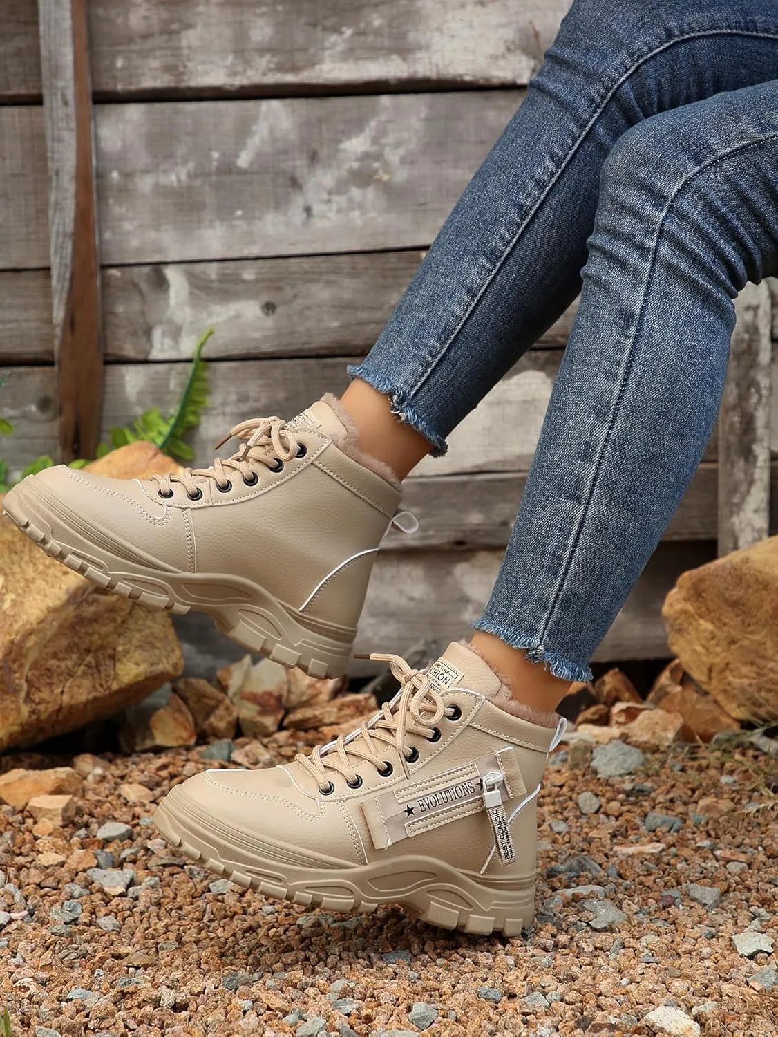 Women's Chunky White Sneakers  Korean Style Winter Boots with Waterproof Artificial Leather and Fleece Lining