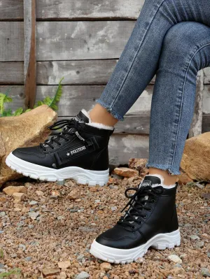 Women's Chunky White Sneakers  Korean Style Winter Boots with Waterproof Artificial Leather and Fleece Lining