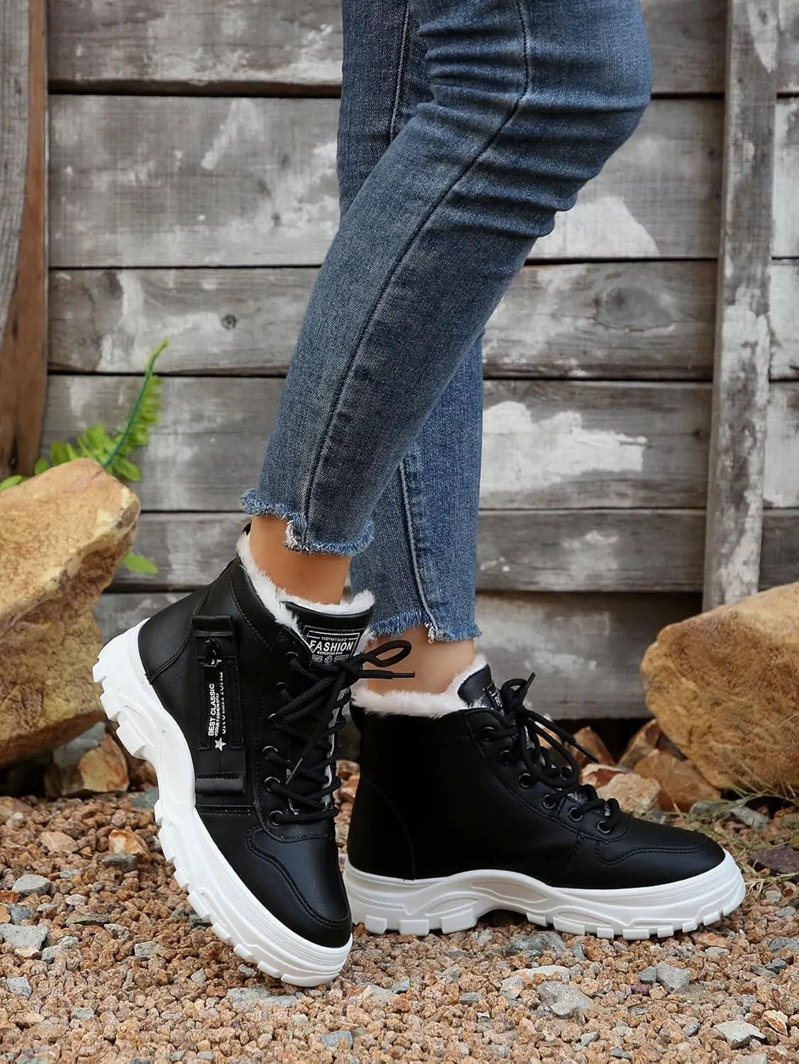Women's Chunky White Sneakers  Korean Style Winter Boots with Waterproof Artificial Leather and Fleece Lining