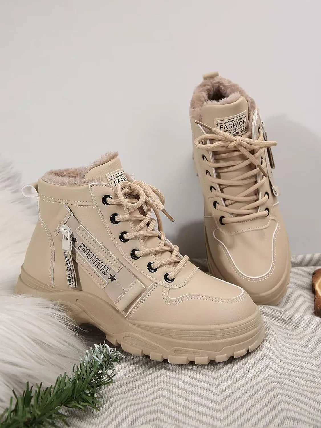 Women's Chunky White Sneakers  Korean Style Winter Boots with Waterproof Artificial Leather and Fleece Lining