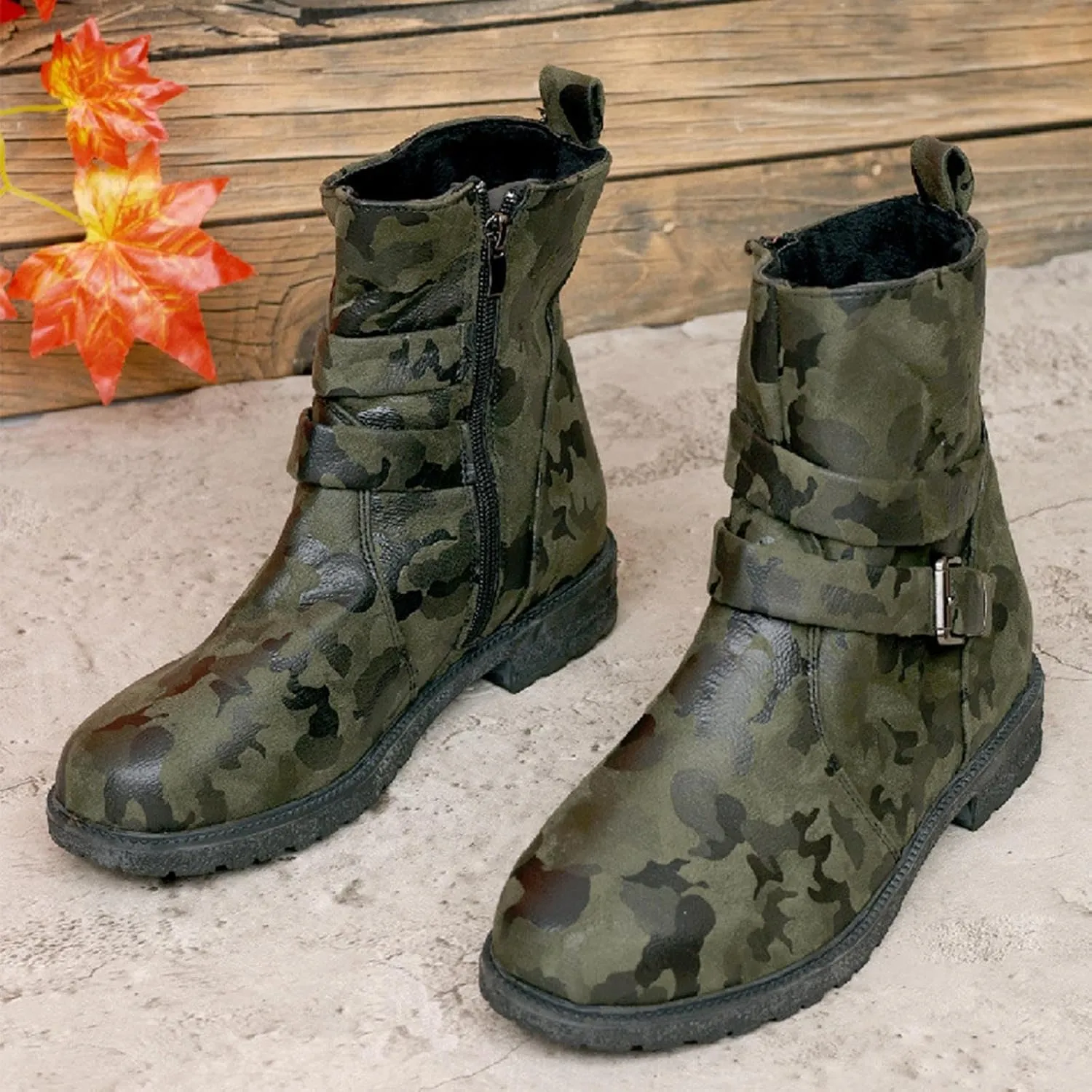Womens Combat Boots Fashion Side Zipper Buckle Ankle Booties Chunky Low Heel Fashion Round Toe Mid Calf Boot Shoes
