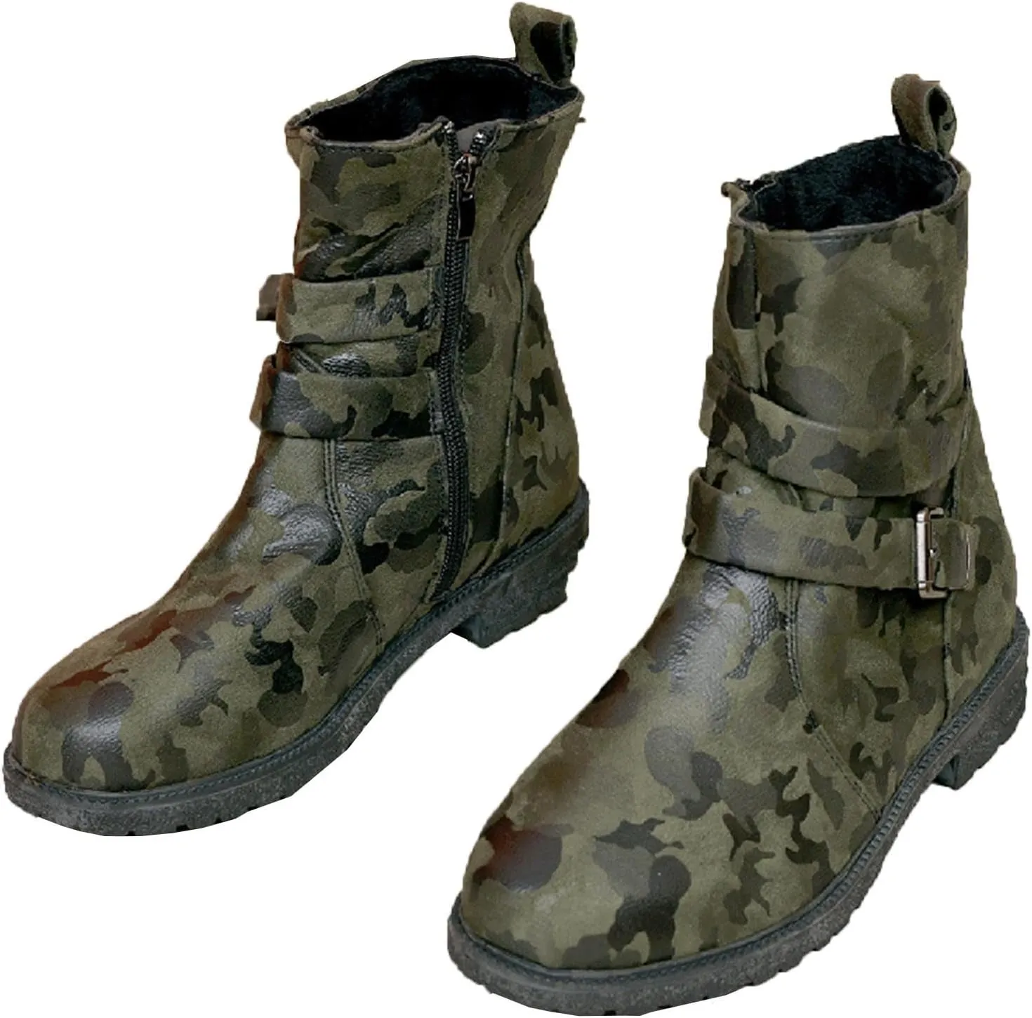Womens Combat Boots Fashion Side Zipper Buckle Ankle Booties Chunky Low Heel Fashion Round Toe Mid Calf Boot Shoes