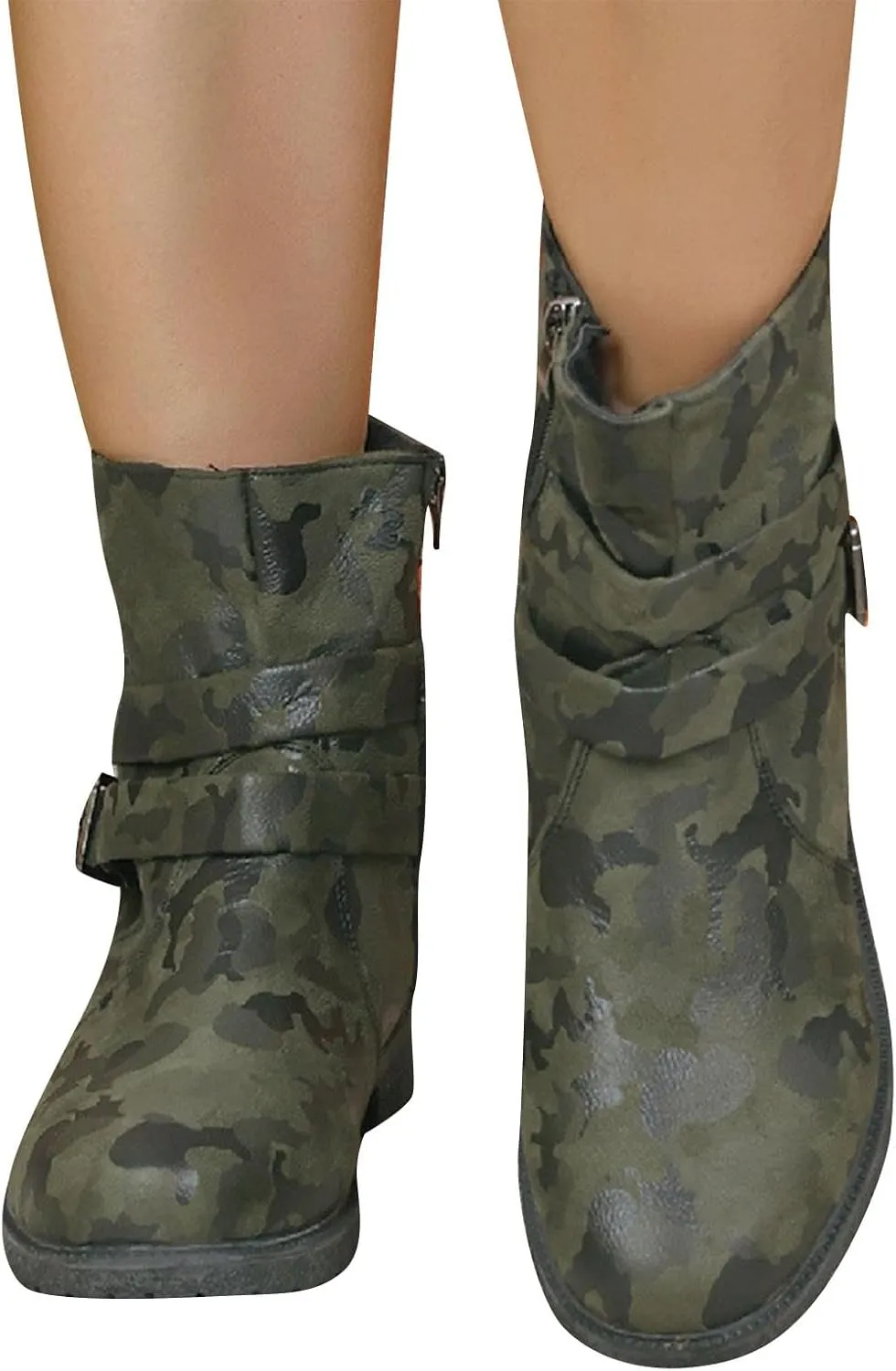 Womens Combat Boots Fashion Side Zipper Buckle Ankle Booties Chunky Low Heel Fashion Round Toe Mid Calf Boot Shoes