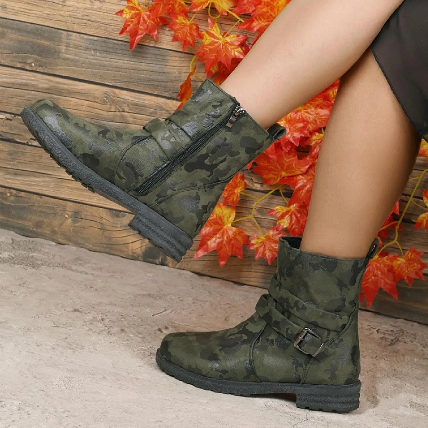 Womens Combat Boots Fashion Side Zipper Buckle Ankle Booties Chunky Low Heel Fashion Round Toe Mid Calf Boot Shoes