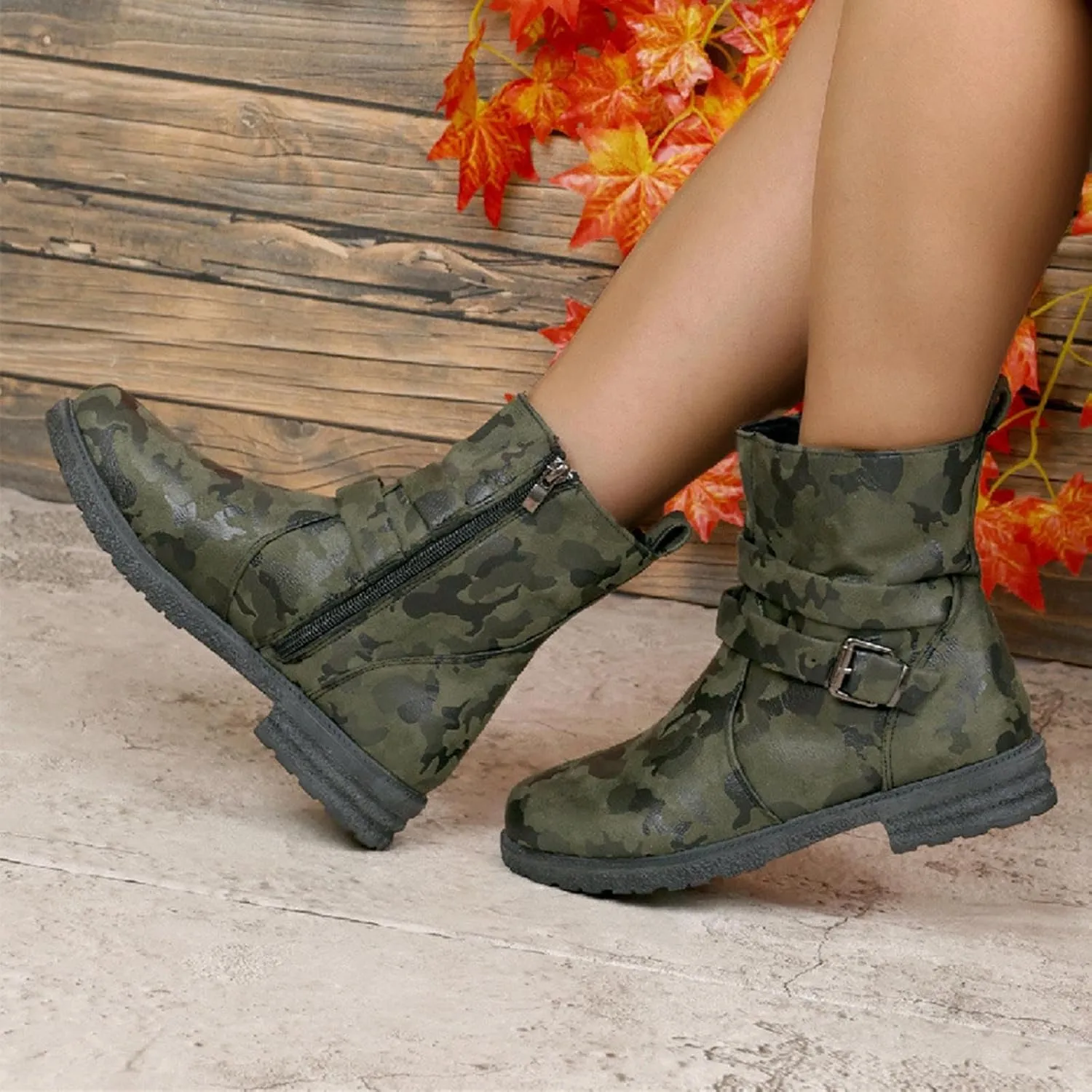 Womens Combat Boots Fashion Side Zipper Buckle Ankle Booties Chunky Low Heel Fashion Round Toe Mid Calf Boot Shoes