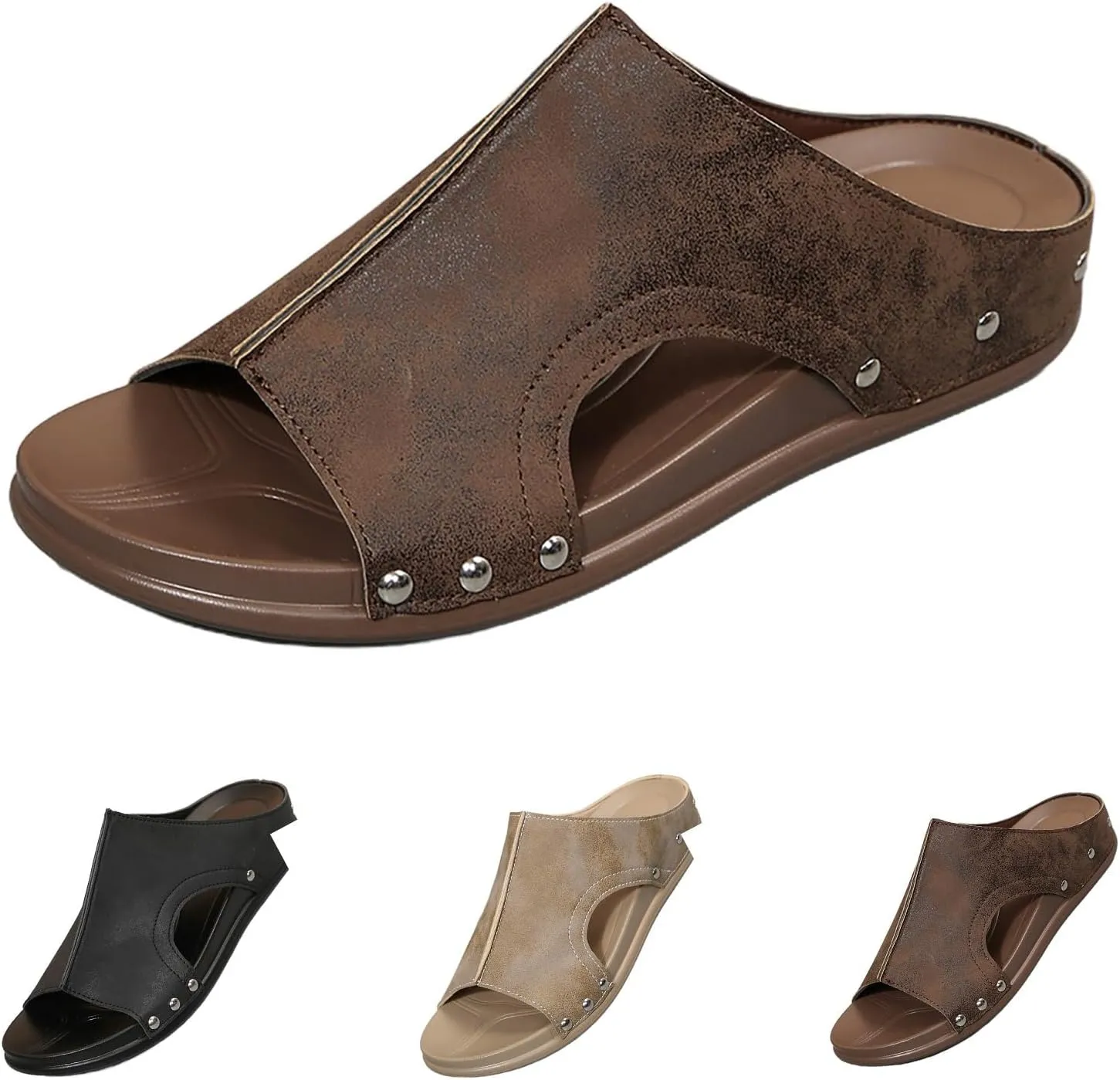 Womens Leather Sandals with Arch Support Summer Open Toe Orthopedic Wedge Sandals Wide Width Slip On Beach Slippers