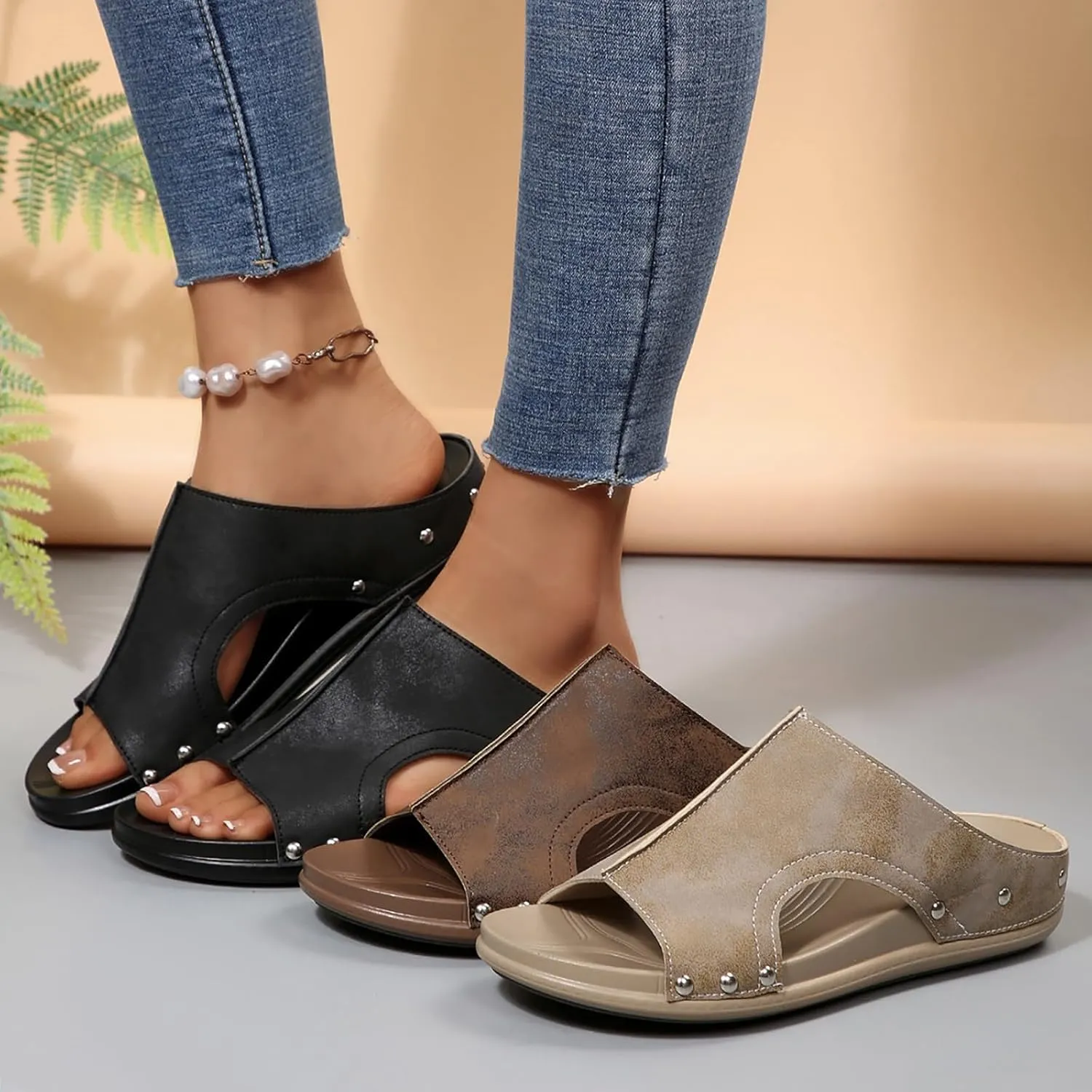 Womens Leather Sandals with Arch Support Summer Open Toe Orthopedic Wedge Sandals Wide Width Slip On Beach Slippers