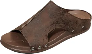 Womens Leather Sandals with Arch Support Summer Open Toe Orthopedic Wedge Sandals Wide Width Slip On Beach Slippers