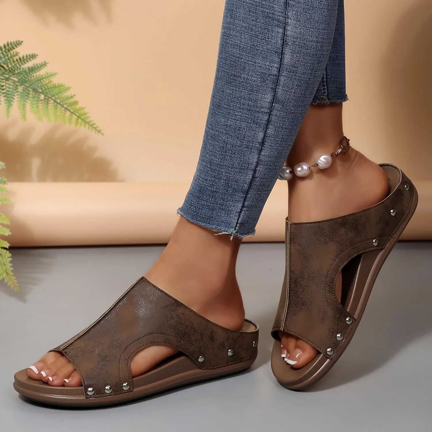 Womens Leather Sandals with Arch Support Summer Open Toe Orthopedic Wedge Sandals Wide Width Slip On Beach Slippers