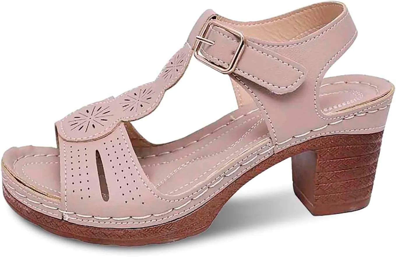 Womens Sandals Comfortable Open Toe Chunky Heel Casual Beach Slide On Shoes with Ankle Strap for Daily Wear Spring Summer