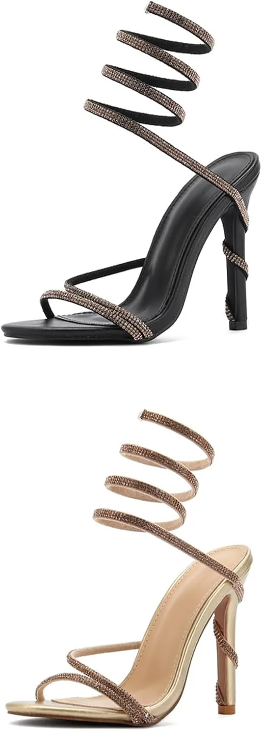 Womens Strappy Heels Women Rhinestone Spiral Ankle Wrap Strap Open Toe High Heels Sandals for Prom Party Daily Wear