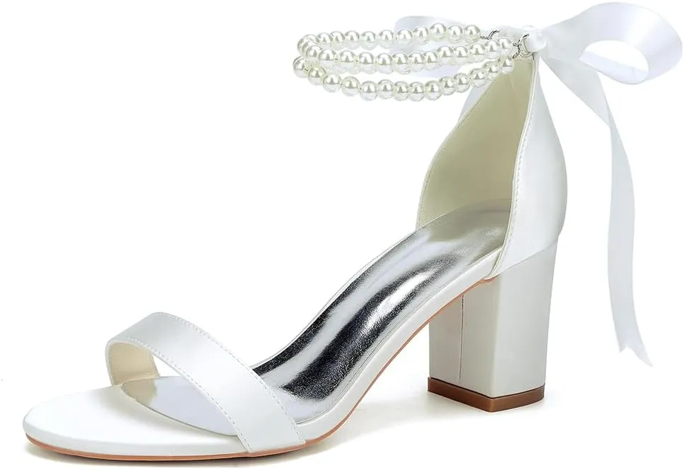Wome's Open Toe Pearl Wedding Shoes High Heels,Satin Block Heel Ankle Strap Wedding Sandals,Chunky Heel Bridal Shoes Pumps
