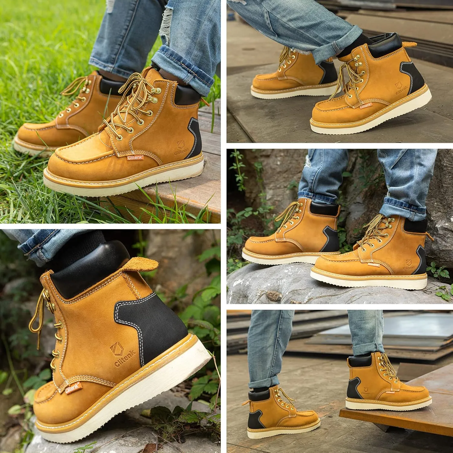 Work Boots Men MOC TOE, Soft Toe 6 Full Grain Leather Breathable Water Resistant, Non Slip Wedge Comfortable Mens Work Boots Lightweight